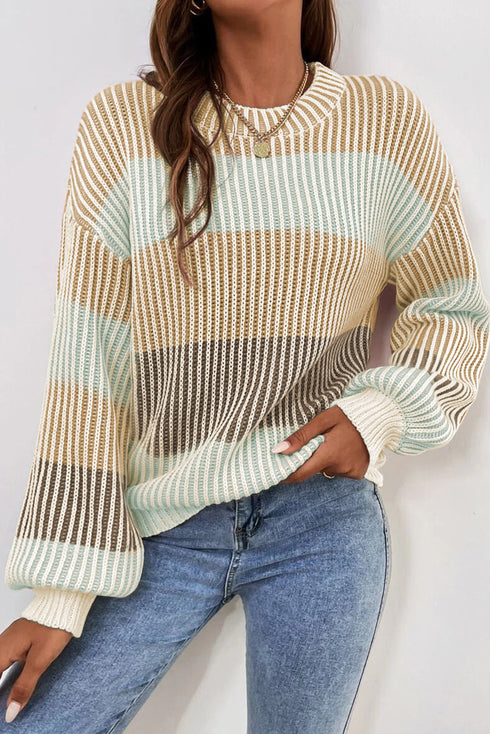 Relaxed Fit Striped Ribbed Knit Crew Neck Sweater