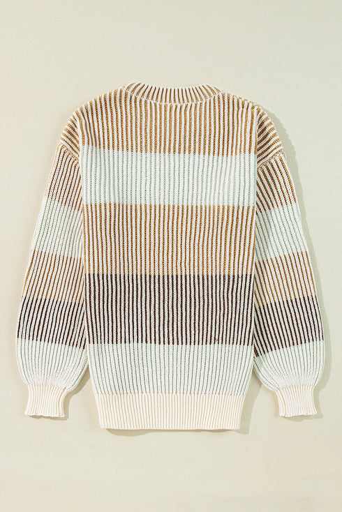 Relaxed Fit Striped Ribbed Knit Crew Neck Sweater