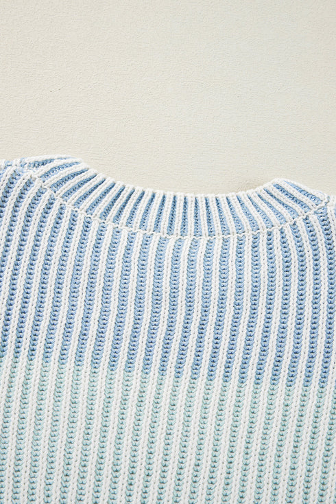 Relaxed Fit Striped Ribbed Knit Crew Neck Sweater