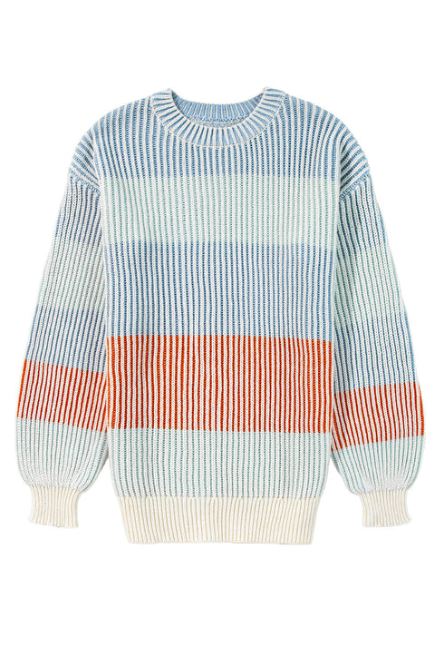 Relaxed Fit Striped Ribbed Knit Crew Neck Sweater