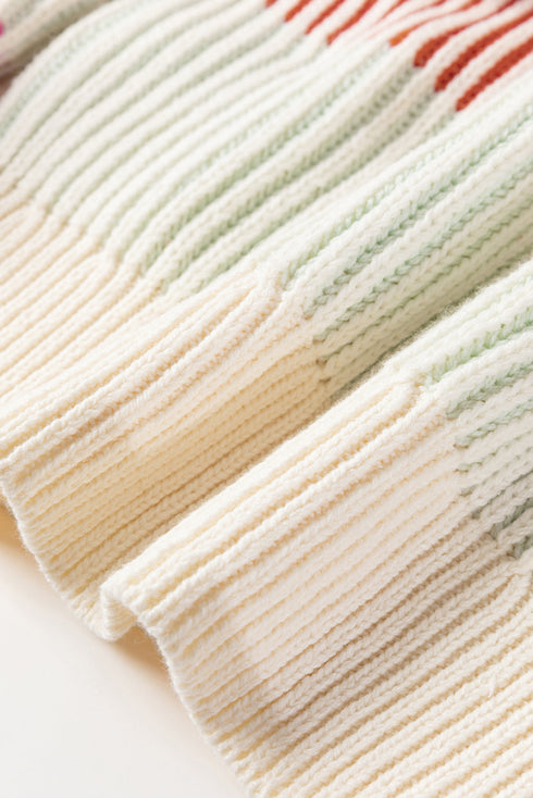 Relaxed Fit Striped Ribbed Knit Crew Neck Sweater