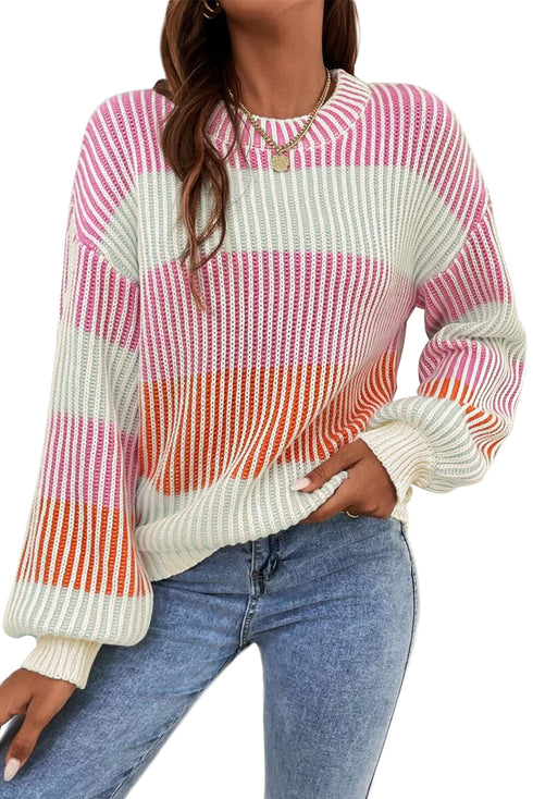 Relaxed Fit Striped Ribbed Knit Crew Neck Sweater