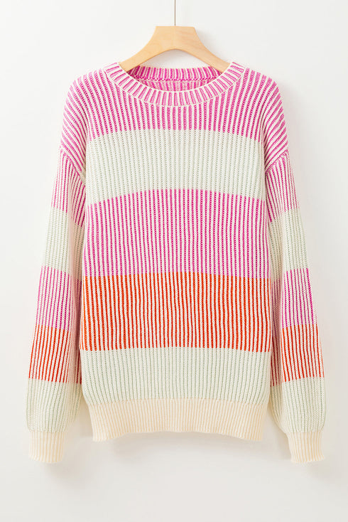Relaxed Fit Striped Ribbed Knit Crew Neck Sweater