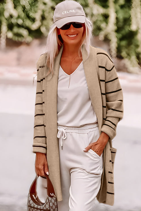 Relaxed Fit Striped Ribbed Open Front Cardigan