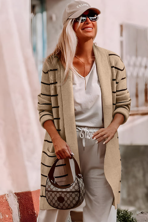 Relaxed Fit Striped Ribbed Open Front Cardigan