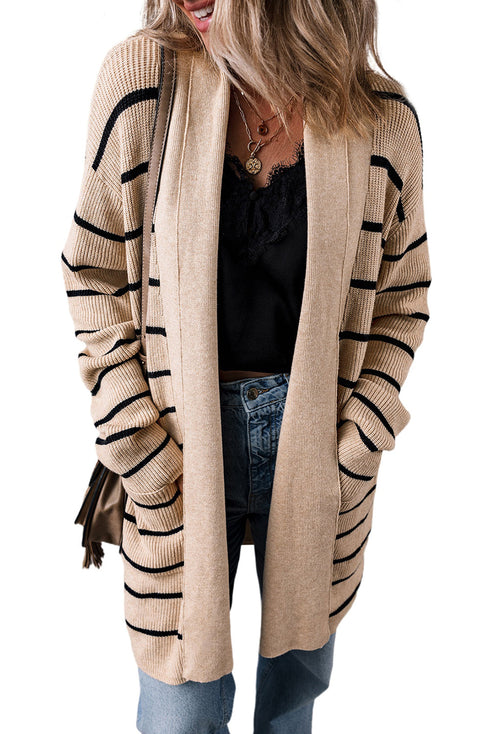 Relaxed Fit Striped Ribbed Open Front Cardigan