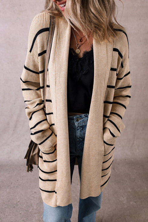 Relaxed Fit Striped Ribbed Open Front Cardigan