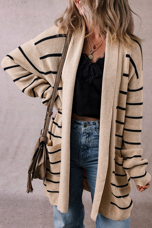 Relaxed Fit Striped Ribbed Open Front Cardigan
