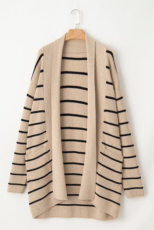 Relaxed Fit Striped Ribbed Open Front Cardigan