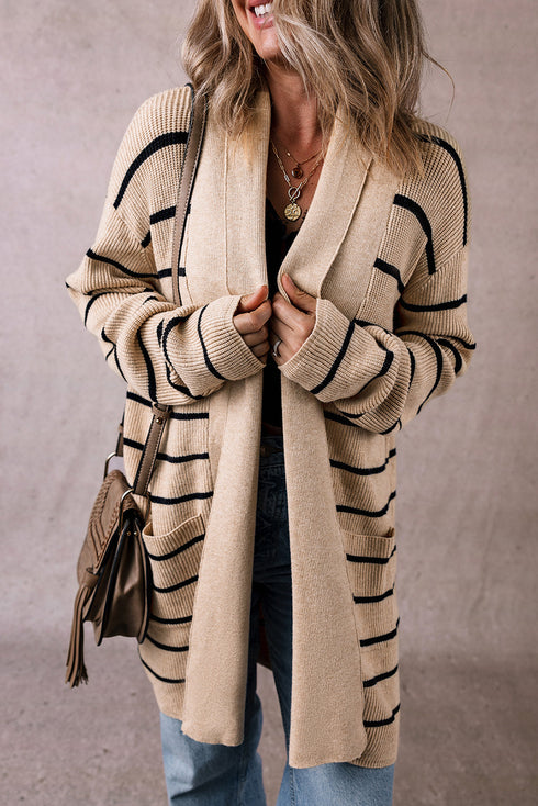 Relaxed Fit Striped Ribbed Open Front Cardigan