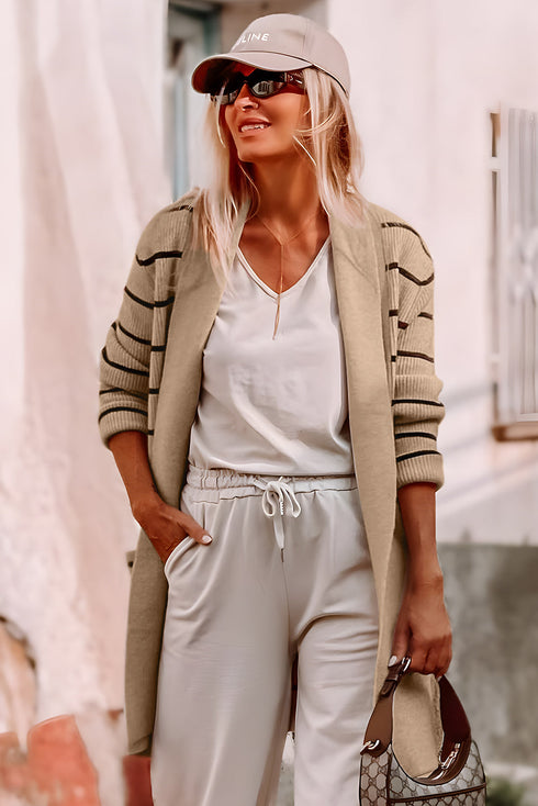 Relaxed Fit Striped Ribbed Open Front Cardigan
