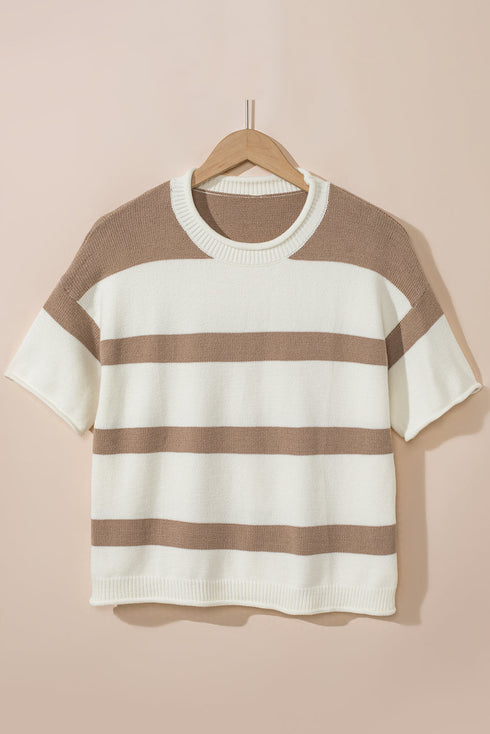 Relaxed Fit Striped Short Sleeve Boxy Knit Sweater