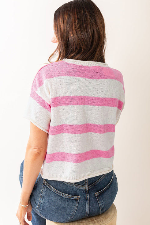 Relaxed Fit Striped Short Sleeve Boxy Knit Sweater