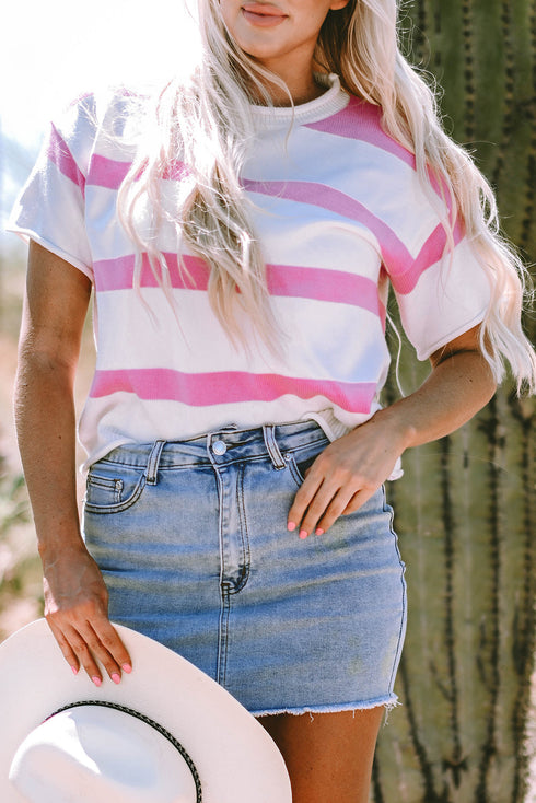 Relaxed Fit Striped Short Sleeve Boxy Knit Sweater