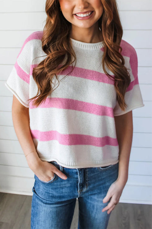 Relaxed Fit Striped Short Sleeve Boxy Knit Sweater