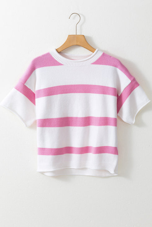 Relaxed Fit Striped Short Sleeve Boxy Knit Sweater