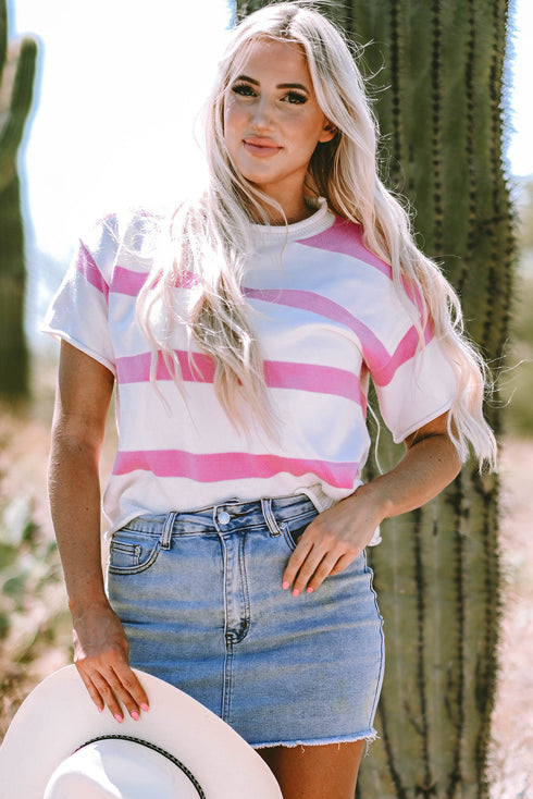 Relaxed Fit Striped Short Sleeve Boxy Knit Sweater