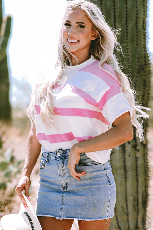 Relaxed Fit Striped Short Sleeve Boxy Knit Sweater