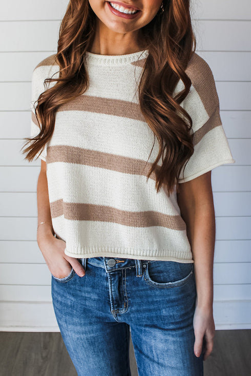 Relaxed Fit Striped Short Sleeve Boxy Knit Sweater