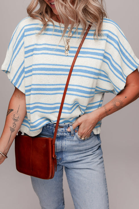 Relaxed Fit Striped Short Sleeve Dolman Knit Top