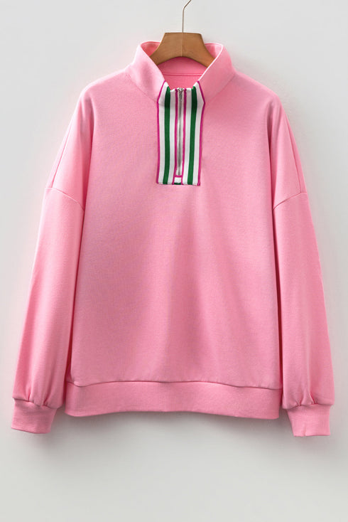 Relaxed Fit Striped Trim Half Zip Pullover Sweatshirt