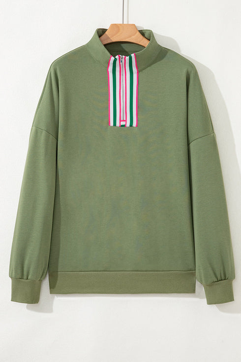 Relaxed Fit Striped Trim Half Zip Pullover Sweatshirt