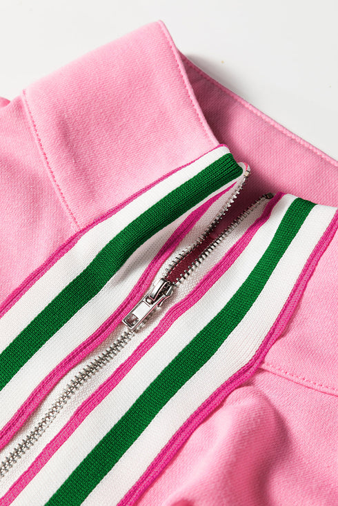 Relaxed Fit Striped Trim Half Zip Pullover Sweatshirt