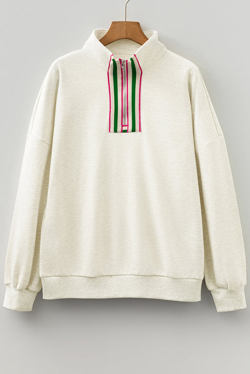 Relaxed Fit Striped Trim Half Zip Pullover Sweatshirt