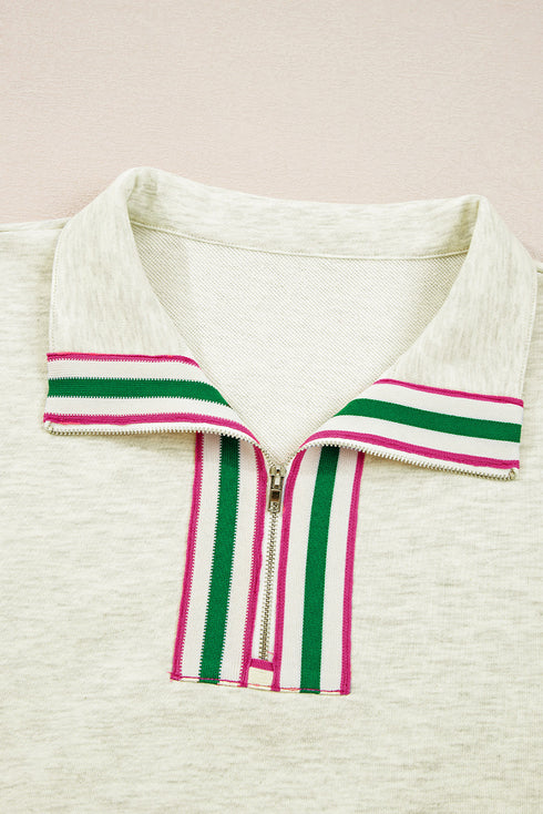 Relaxed Fit Striped Trim Half Zip Pullover Sweatshirt
