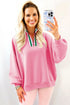 Relaxed Fit Striped Trim Half Zip Pullover Sweatshirt