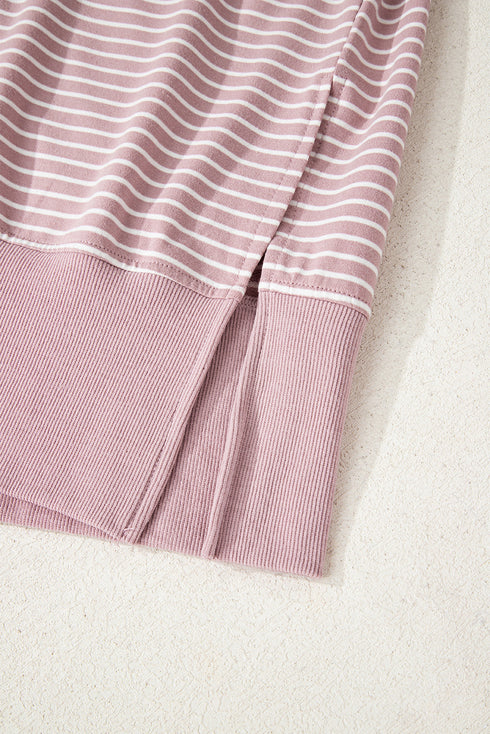 Relaxed Fit Striped V Neck Split Hem Hoodie
