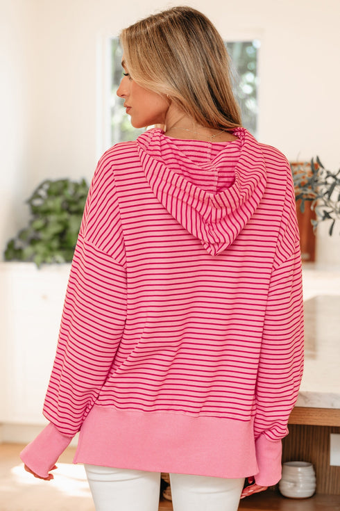 Relaxed Fit Striped V Neck Split Hem Hoodie