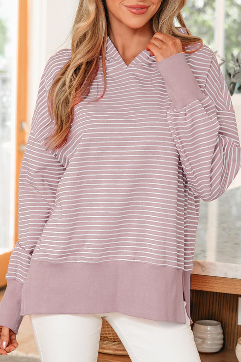Relaxed Fit Striped V Neck Split Hem Hoodie