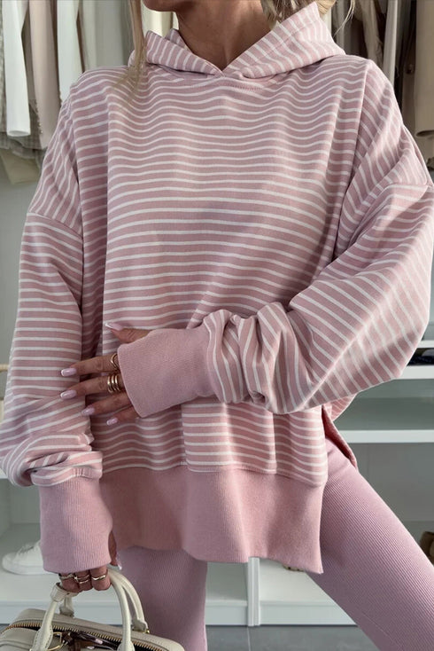 Relaxed Fit Striped V Neck Split Hem Hoodie