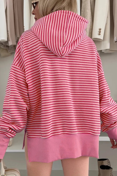 Relaxed Fit Striped V Neck Split Hem Hoodie