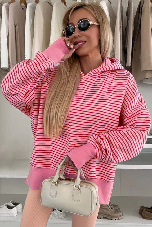 Relaxed Fit Striped V Neck Split Hem Hoodie
