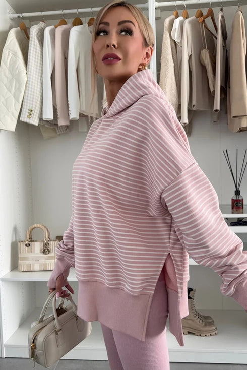 Relaxed Fit Striped V Neck Split Hem Hoodie