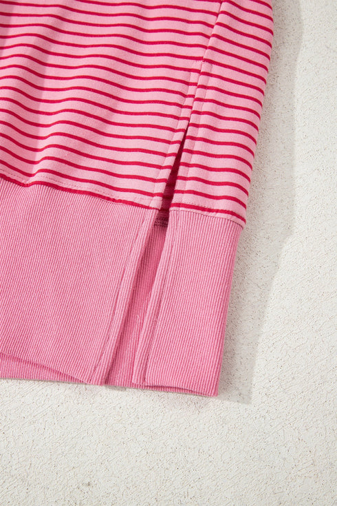 Relaxed Fit Striped V Neck Split Hem Hoodie