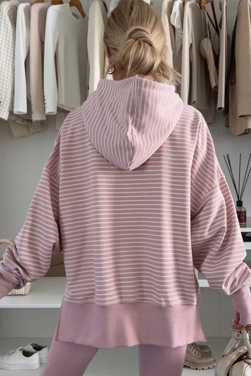 Relaxed Fit Striped V Neck Split Hem Hoodie