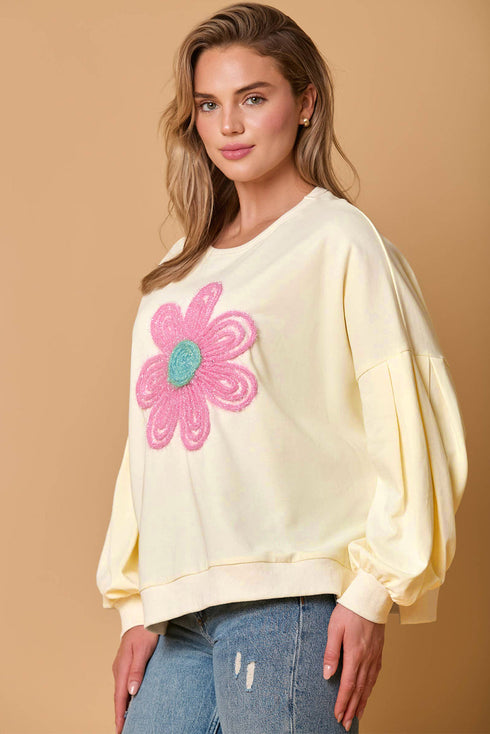 Relaxed Fit Textured Floral Graphic Pullover Sweatshirt