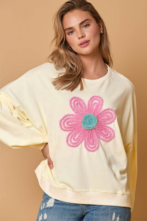 Relaxed Fit Textured Floral Graphic Pullover Sweatshirt
