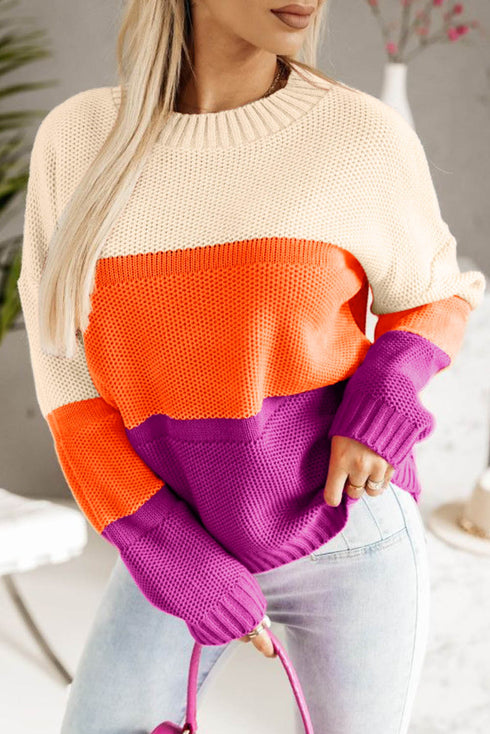 Relaxed Fit Textured Knit Block Pullover Sweater