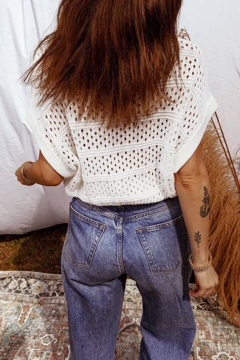 Relaxed Fit Textured Open Knit Pullover Top