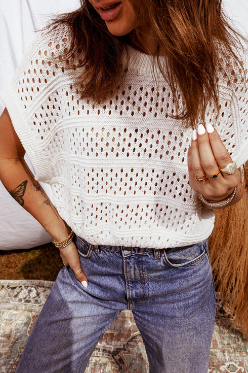 Relaxed Fit Textured Open Knit Pullover Top
