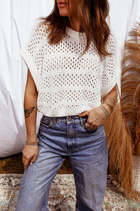Relaxed Fit Textured Open Knit Pullover Top