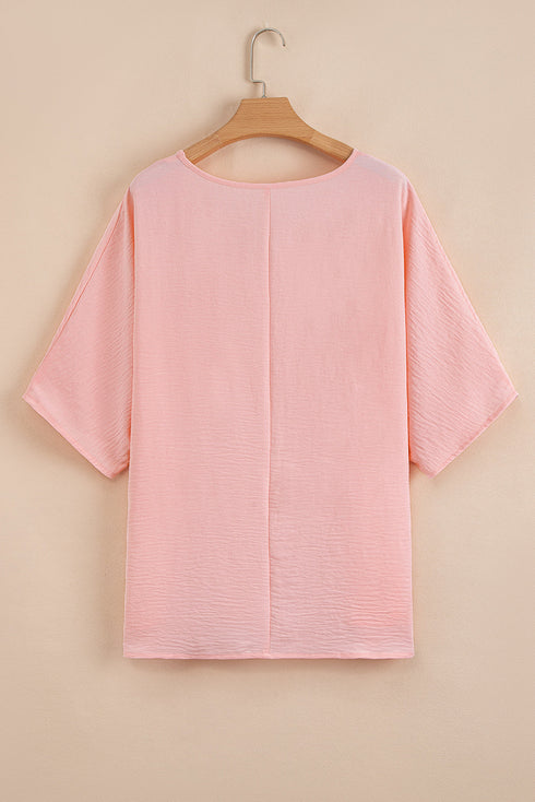 Relaxed Fit Textured V Neck Pocket Tee for Curves