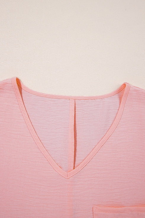 Relaxed Fit Textured V Neck Pocket Tee for Curves
