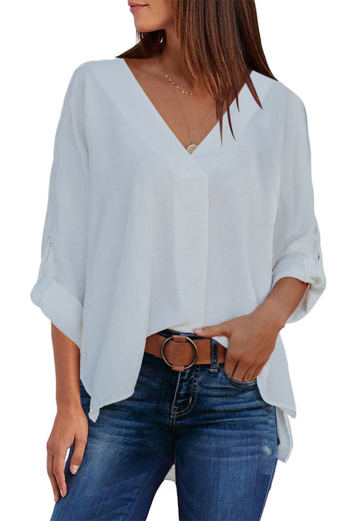 Relaxed Fit Three Quarter Sleeve High Low Hem Shirt