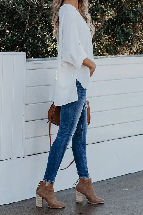 Relaxed Fit Three Quarter Sleeve High Low Hem Shirt
