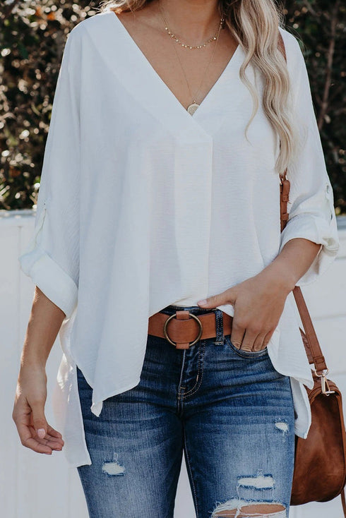 Relaxed Fit Three Quarter Sleeve High Low Hem Shirt